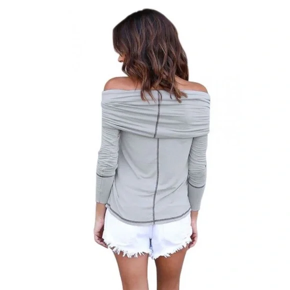 💥 SALE Fold Over Cowl Neck Off Shoulder Contrast Stitch Knit Top Grey - Picture 5 of 6
